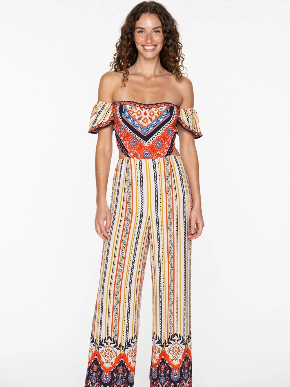 Flying Tomato Boho Off-Shoulder Jumpsuit with Side Cut-Outs, Size L